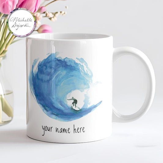 Personalized Surfer Mug, Blue Wave Painting, Custom Name Gift