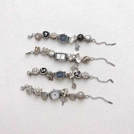 Vintage Silver Charm Watch Bracelet, Y2K Black Wrist Watch, Statement Button Bead Bracelet, Chain Bracelet for Women, Christmas gift for Her