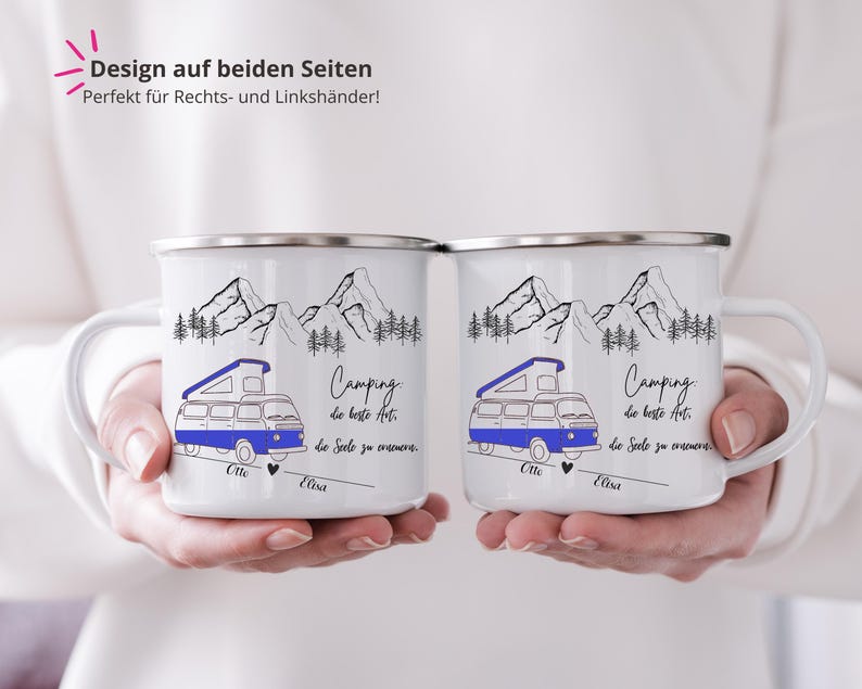 Camping Mug Enamel Ceramic Personalized Gift Couple Motorhome Name Mountains Nature Adventure Mug Printed on Both Sides Outdoor