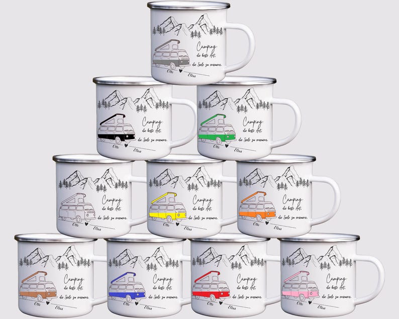 Camping Mug Enamel Ceramic Personalized Gift Couple Motorhome Name Mountains Nature Adventure Mug Printed on Both Sides Outdoor