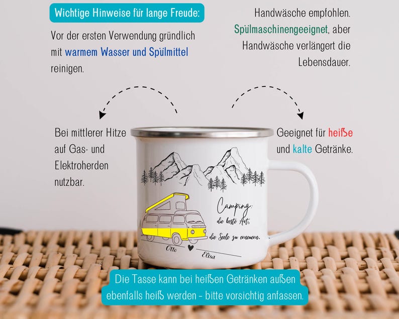 Camping Mug Enamel Ceramic Personalized Gift Couple Motorhome Name Mountains Nature Adventure Mug Printed on Both Sides Outdoor