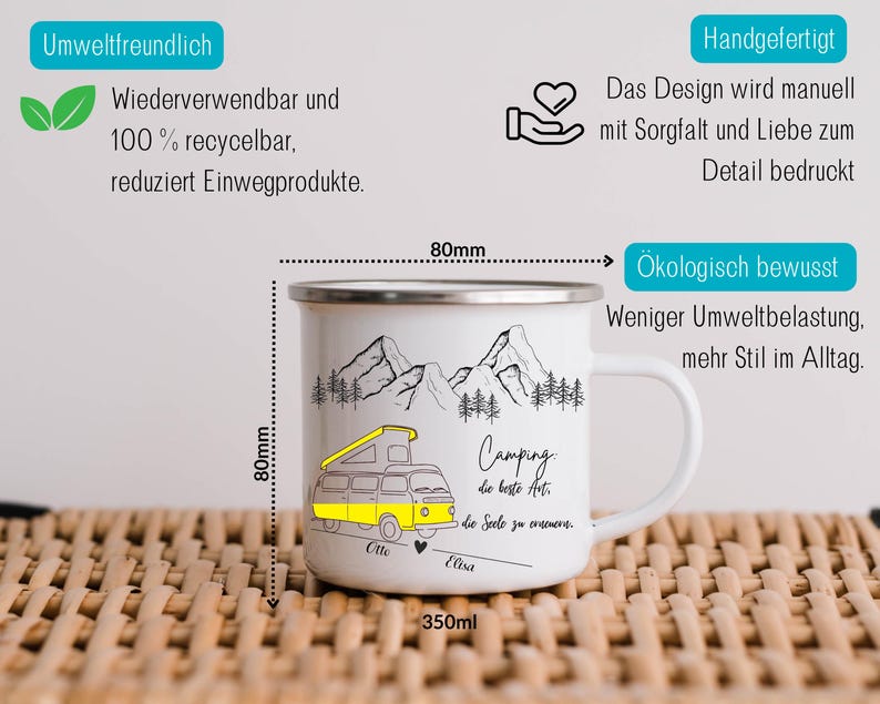 Camping Mug Enamel Ceramic Personalized Gift Couple Motorhome Name Mountains Nature Adventure Mug Printed on Both Sides Outdoor