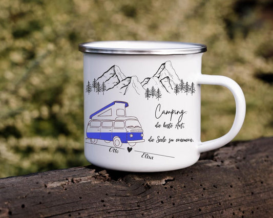 Camping Mug Enamel Ceramic Personalized Gift Couple Motorhome Name Mountains Nature Adventure Mug Printed on Both Sides Outdoor