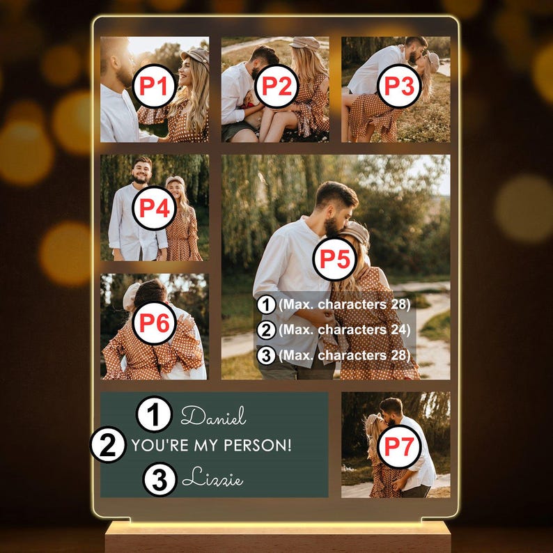 Maverton Personalised LED Photo Frame for woman - LED Decoration with engraving - Photo Frame Lamp for Birthday - Plaque LED for couple