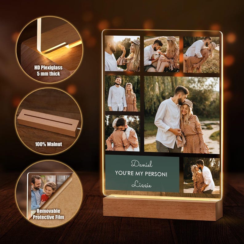 Maverton Personalised LED Photo Frame for woman - LED Decoration with engraving - Photo Frame Lamp for Birthday - Plaque LED for couple