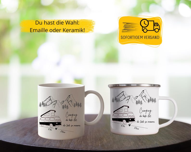 Camping Mug Enamel Ceramic Personalized Gift Couple Motorhome Name Mountains Nature Adventure Mug Printed on Both Sides Outdoor