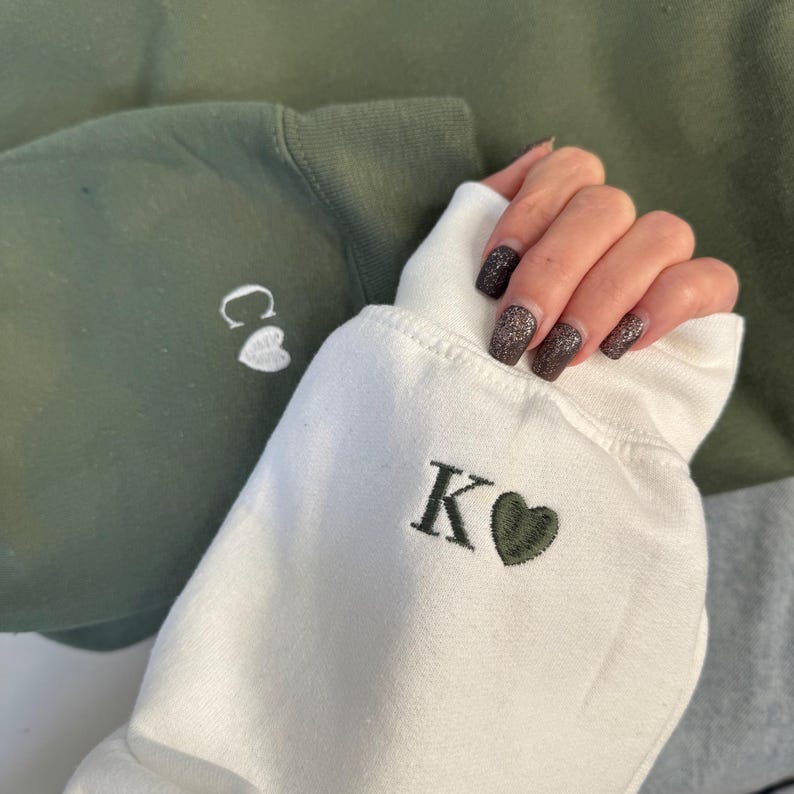 Custom Embroidered Initial Heart Sweatshirt, Valentines Day, Couple Crewneck, Initial On Sleeve, Couple's Shirt, Anniversary Gift,