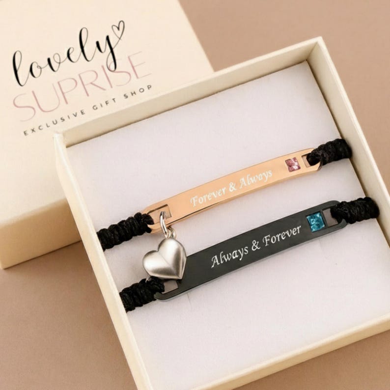 His Hers bracelet set Custom bar bracelet matching Jewelry Couple Engraving Heart magnetic Long Distance Gifts