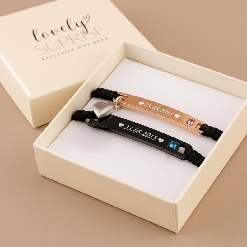 His Hers bracelet set Custom bar bracelet matching Jewelry Couple Engraving Heart magnetic Long Distance Gifts