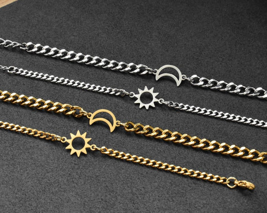 Silver and Gold Couples Bracelet with Sun & Moon and Heart Magnet, Relationship His Hers Matching Jewelry set, Anniversary Gifts for Her Him