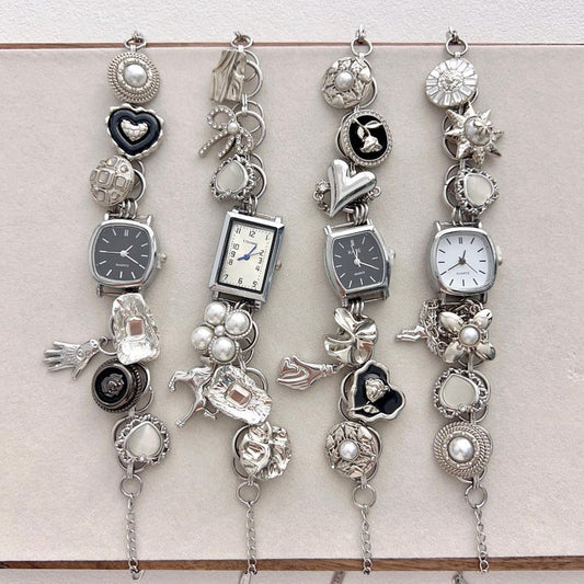 Vintage Silver Charm Watch Bracelet, Y2K Black Wrist Watch, Statement Button Bead Bracelet, Chain Bracelet for Women, Christmas gift for Her