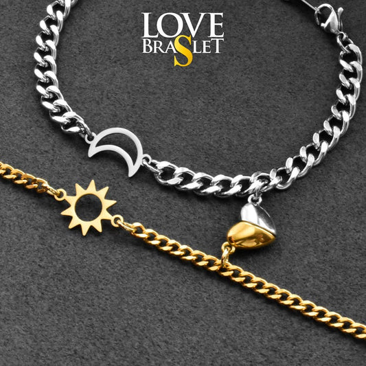 Silver and Gold Couples Bracelet with Sun & Moon and Heart Magnet, Relationship His Hers Matching Jewelry set, Anniversary Gifts for Her Him