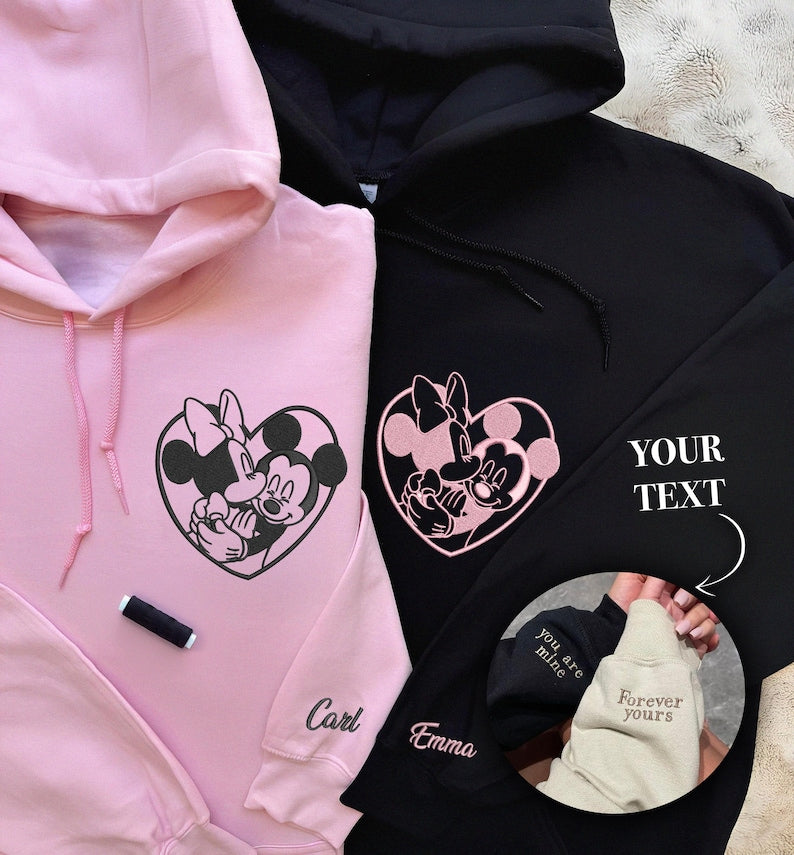 Mickey and Minnie Personalized Matched Embroidered T-Shirt, Mickey and Minnie custom embroidery hoodie, Disney custom t-shirt, couple shirt