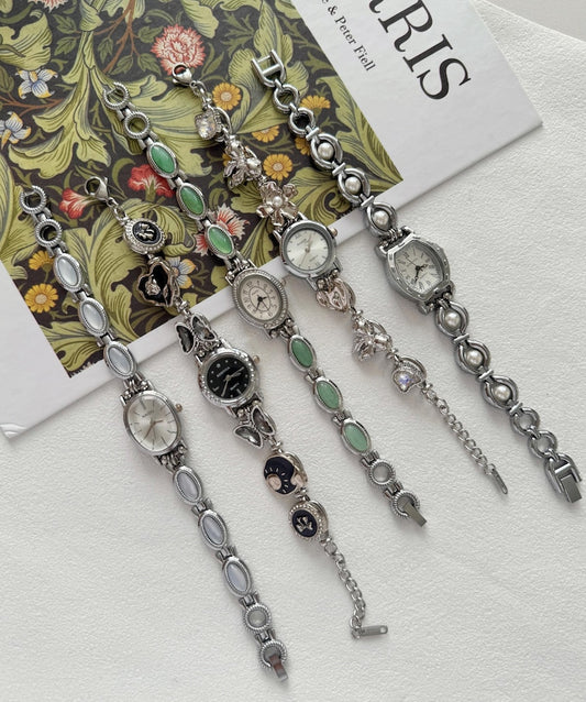 Punk Silver Natural Gemstone Watch Bracelet,Street Style Mini Dial Wristwatch,Y2K Butterfly&Heart Charms Clock Bracelet,Special Gift Idea