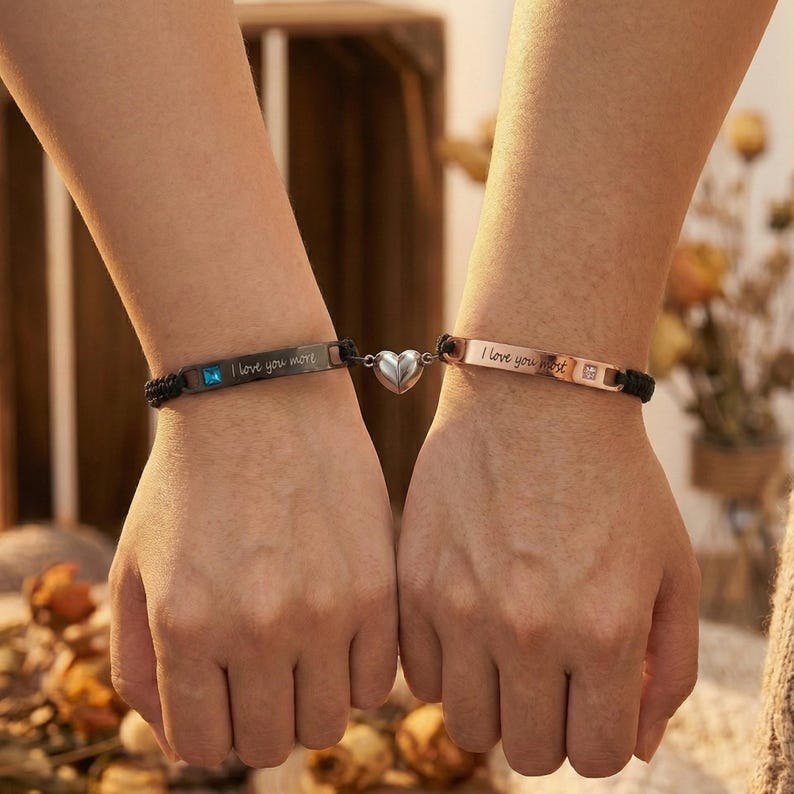 His Hers bracelet set Custom bar bracelet matching Jewelry Couple Engraving Heart magnetic Long Distance Gifts