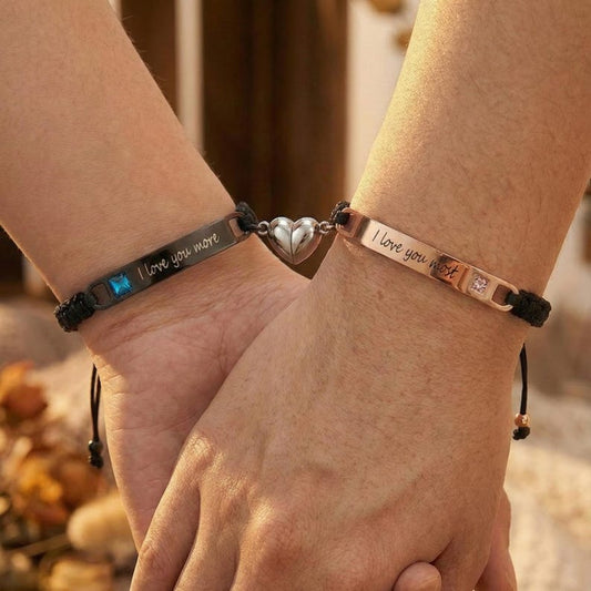 His Hers bracelet set Custom bar bracelet matching Jewelry Couple Engraving Heart magnetic Long Distance Gifts