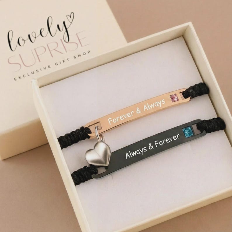 His Hers bracelet set Custom bar bracelet matching Jewelry Couple Engraving Heart magnetic Long Distance Gifts