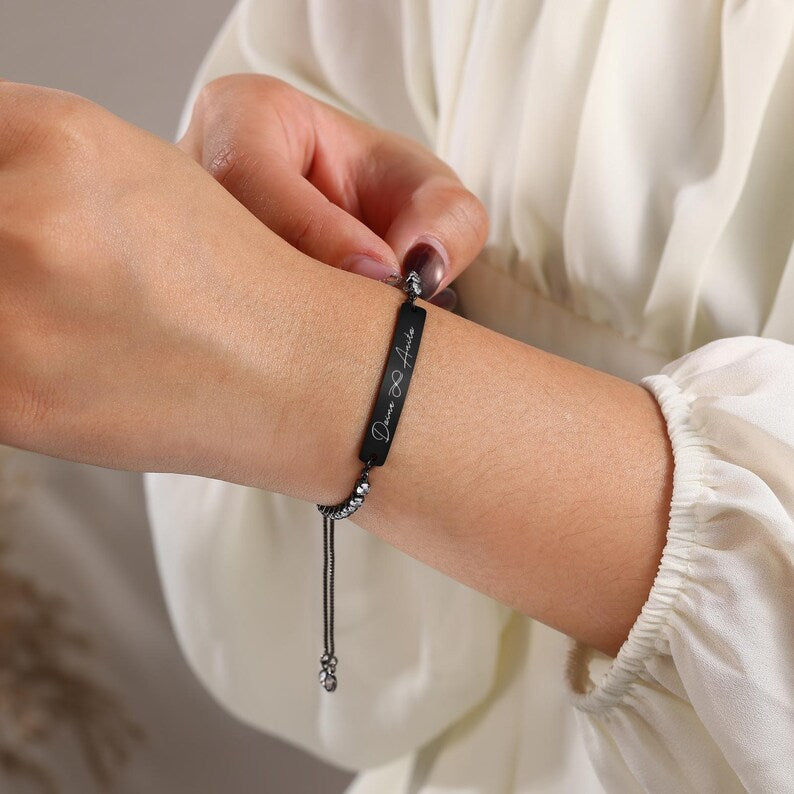 Personalised Name Bracelet Engraved Bracelet Gift for her Personalized Human Eye Bracelet Long Distance bracelets Date and Name Bracelets