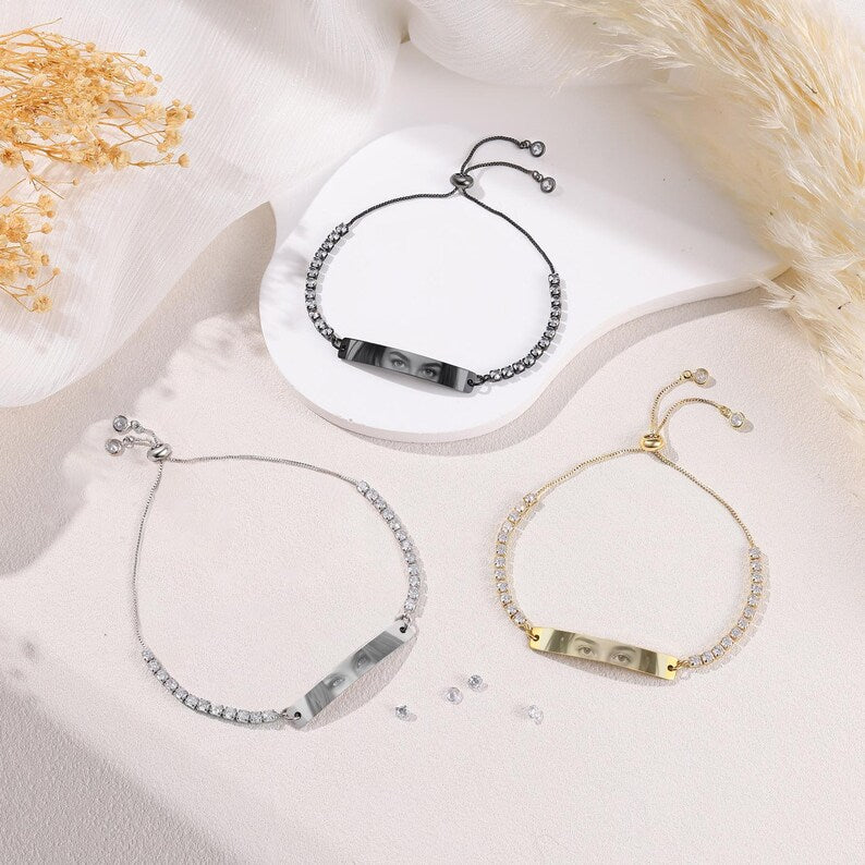 Personalised Name Bracelet Engraved Bracelet Gift for her Personalized Human Eye Bracelet Long Distance bracelets Date and Name Bracelets