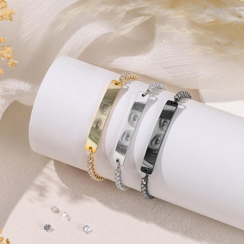 Personalised Name Bracelet Engraved Bracelet Gift for her Personalized Human Eye Bracelet Long Distance bracelets Date and Name Bracelets