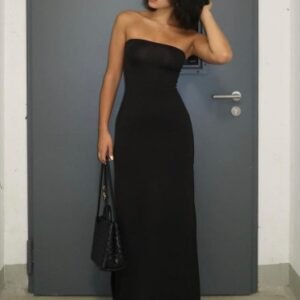 Strapless Backless Solid Color Slim Slit Long Dress