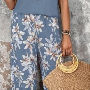 Sleeve Top And Flower Print Wide Leg Pants