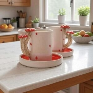 Handmade Ceramic Coffee Cup Set With Mushroom Handles For Cozy Mornings