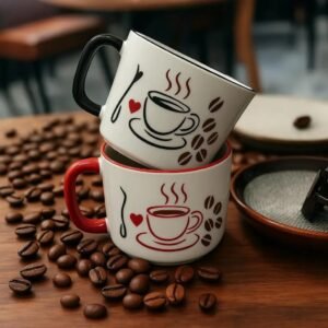 Set Of 2 Handmade Ceramic Mugs With Coffee-Themed Hand-Painted Designs