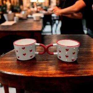 Set Of 2 Handmade Ceramic Mugs With Heart And Polka Dot Patterns