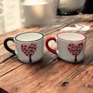 Set Of 2 Handmade Ceramic Mugs With Embossed Tree And Heart Design