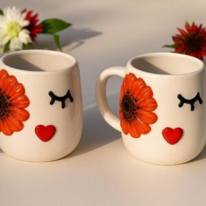 Set Of 2 Handmade Embossed Flower Face Mugs 400ml For Unique Coffee Experience