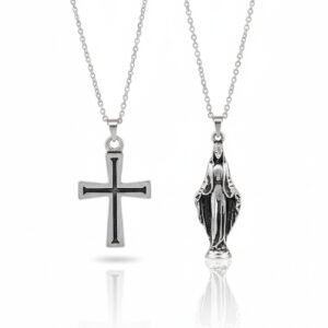 2 Piece Cross And Virgin Mary Necklace Set Men Religious Style Jewelry